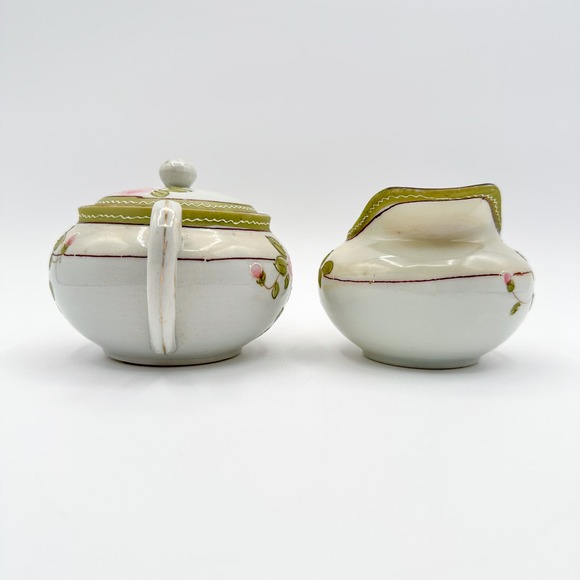 Antique Nippon Hand Painted Cream and Sugar Floral Rose w Moriage Pink Green - Picture 11 of 12